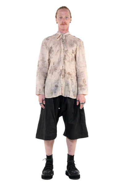 Shop Emerging Slow Fashion Genderless Alternative Avant-garde Designer Mark Baigent Annex Collection Fair Trade Signature Eco Beige Print Natural Linen Faber Shirt at Erebus