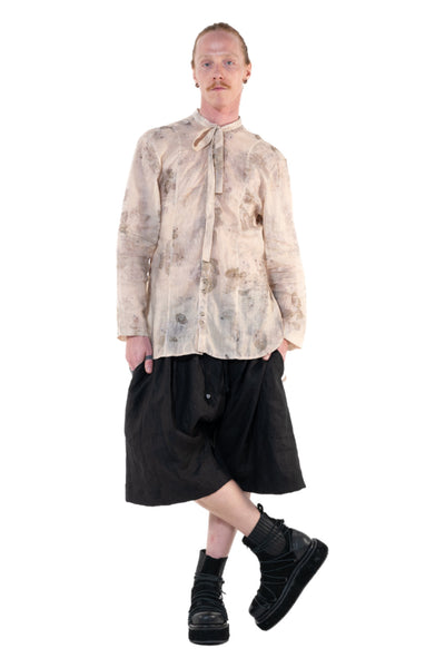 Shop Emerging Slow Fashion Genderless Alternative Avant-garde Designer Mark Baigent Annex Collection Fair Trade Signature Eco Beige Print Natural Linen Faber Shirt at Erebus