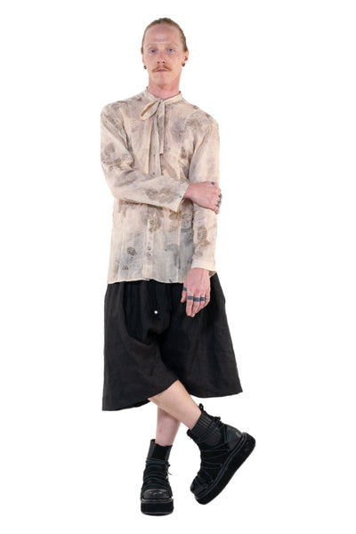 Shop Emerging Slow Fashion Genderless Alternative Avant-garde Designer Mark Baigent Annex Collection Fair Trade Signature Eco Beige Print Natural Linen Faber Shirt at Erebus