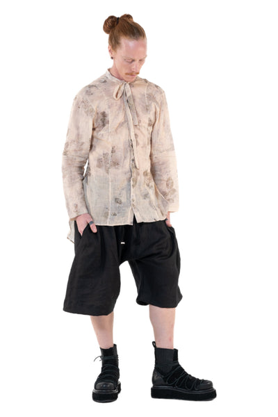 Shop Emerging Slow Fashion Genderless Alternative Avant-garde Designer Mark Baigent Annex Collection Fair Trade Signature Eco Beige Print Natural Linen Faber Shirt at Erebus