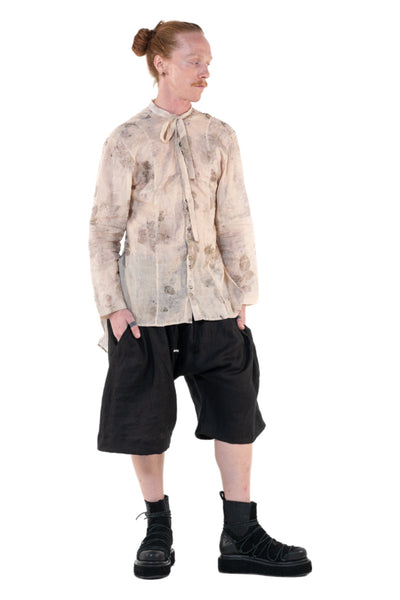 Shop Emerging Slow Fashion Genderless Alternative Avant-garde Designer Mark Baigent Annex Collection Fair Trade Signature Eco Beige Print Natural Linen Faber Shirt at Erebus