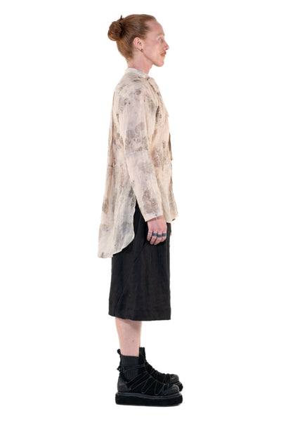 Shop Emerging Slow Fashion Genderless Alternative Avant-garde Designer Mark Baigent Annex Collection Fair Trade Signature Eco Beige Print Natural Linen Faber Shirt at Erebus