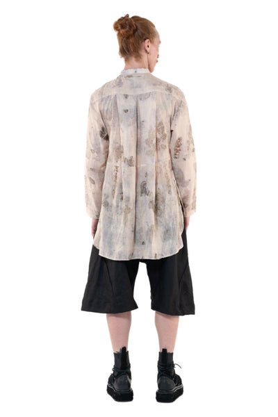 Shop Emerging Slow Fashion Genderless Alternative Avant-garde Designer Mark Baigent Annex Collection Fair Trade Signature Eco Beige Print Natural Linen Faber Shirt at Erebus