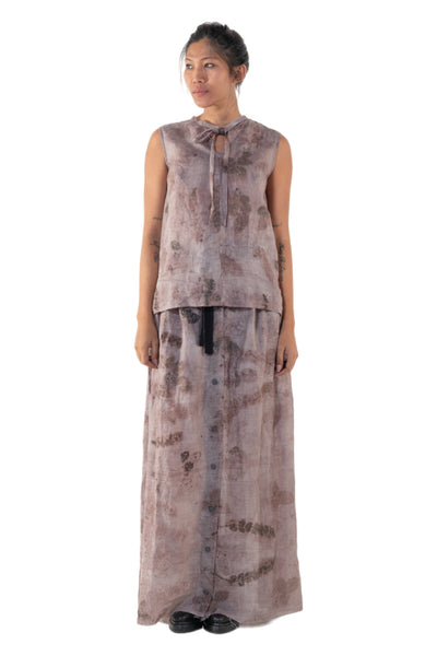 Shop Emerging Slow Fashion Genderless Alternative Avant-garde Designer Mark Baigent Annex Collection Fair Trade Signature Eco Purple Print Unprocessed Linen Faber Sleeveless Top at Erebus