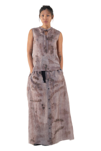 Shop Emerging Slow Fashion Genderless Alternative Avant-garde Designer Mark Baigent Annex Collection Fair Trade Signature Eco Purple Print Unprocessed Linen Faber Sleeveless Top at Erebus