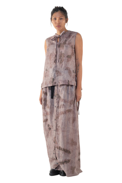 Shop Emerging Slow Fashion Genderless Alternative Avant-garde Designer Mark Baigent Annex Collection Fair Trade Signature Eco Purple Print Unprocessed Linen Faber Sleeveless Top at Erebus