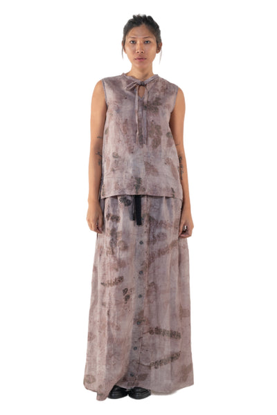 Shop Emerging Slow Fashion Genderless Alternative Avant-garde Designer Mark Baigent Annex Collection Fair Trade Signature Eco Purple Print Unprocessed Linen Faber Sleeveless Top at Erebus