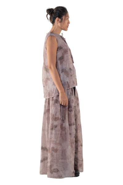 Shop Emerging Slow Fashion Genderless Alternative Avant-garde Designer Mark Baigent Annex Collection Fair Trade Signature Eco Purple Print Unprocessed Linen Faber Sleeveless Top at Erebus