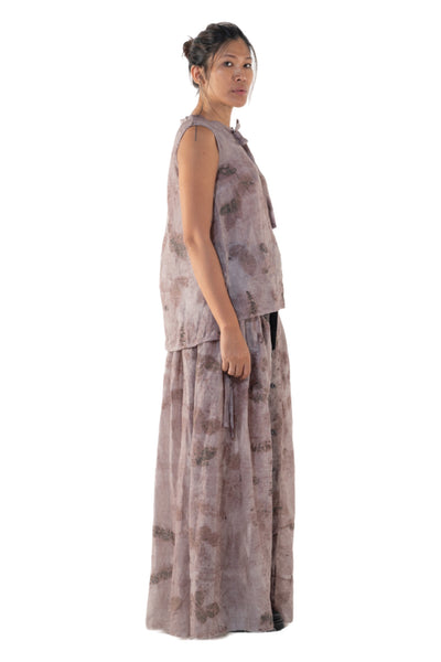 Shop Emerging Slow Fashion Genderless Alternative Avant-garde Designer Mark Baigent Annex Collection Fair Trade Signature Eco Purple Print Unprocessed Linen Faber Sleeveless Top at Erebus