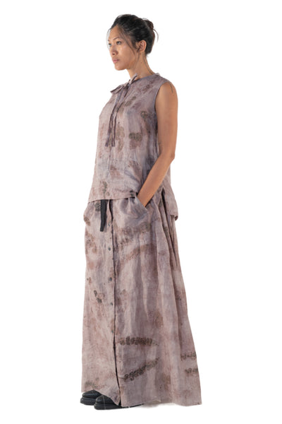 Shop Emerging Slow Fashion Genderless Alternative Avant-garde Designer Mark Baigent Annex Collection Fair Trade Signature Eco Purple Print Unprocessed Linen Faber Sleeveless Top at Erebus