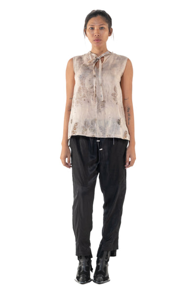 Shop Emerging Slow Fashion Genderless Alternative Avant-garde Designer Mark Baigent Annex Collection Fair Trade Signature Eco Beige Print Unprocessed Linen Faber Sleeveless Top at Erebus