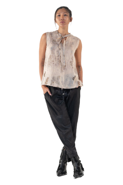 Shop Emerging Slow Fashion Genderless Alternative Avant-garde Designer Mark Baigent Annex Collection Fair Trade Signature Eco Beige Print Unprocessed Linen Faber Sleeveless Top at Erebus