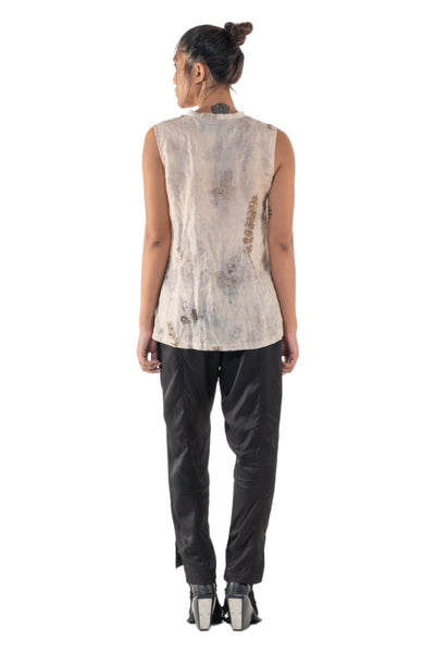 Shop Emerging Slow Fashion Genderless Alternative Avant-garde Designer Mark Baigent Annex Collection Fair Trade Signature Eco Beige Print Unprocessed Linen Faber Sleeveless Top at Erebus