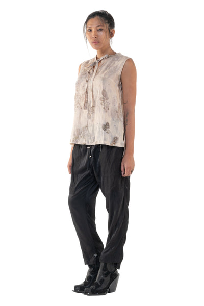 Shop Emerging Slow Fashion Genderless Alternative Avant-garde Designer Mark Baigent Annex Collection Fair Trade Signature Eco Beige Print Unprocessed Linen Faber Sleeveless Top at Erebus