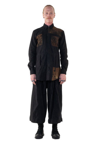 Shop Emerging Slow Fashion Genderless Alternative Avant-garde Designer Mark Baigent Annex Collection Fair Trade Black and Signature Noda Brown Batik Cotton Patch Falkor Shirt at Erebus