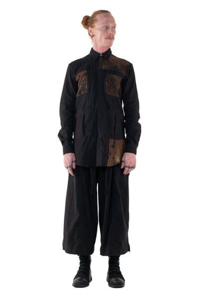 Shop Emerging Slow Fashion Genderless Alternative Avant-garde Designer Mark Baigent Annex Collection Fair Trade Black and Signature Noda Brown Batik Cotton Patch Falkor Shirt at Erebus