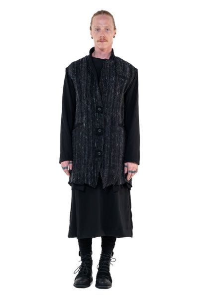Shop Emerging Slow Fashion Genderless Alternative Avant-garde Designer Mark Baigent Annex Collection Fair Trade Black Hand-woven and hand-dyed Fin Jacket at Erebus