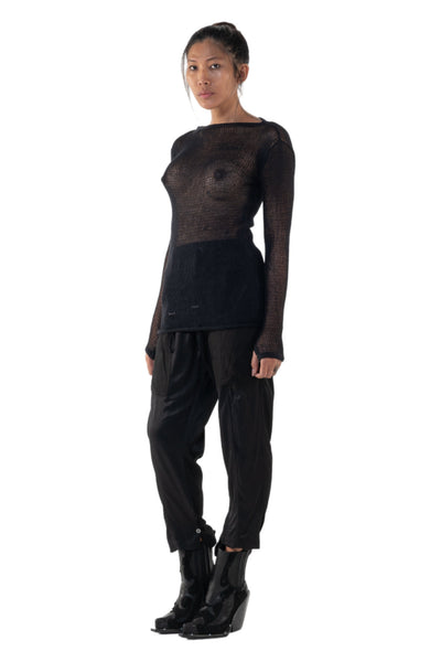 Shop Emerging Slow Fashion Genderless Alternative Avant-garde Designer Mark Baigent Annex Collection Fair Trade Signature Black Hand-knit Cotton Sheer Grid Top at Erebus