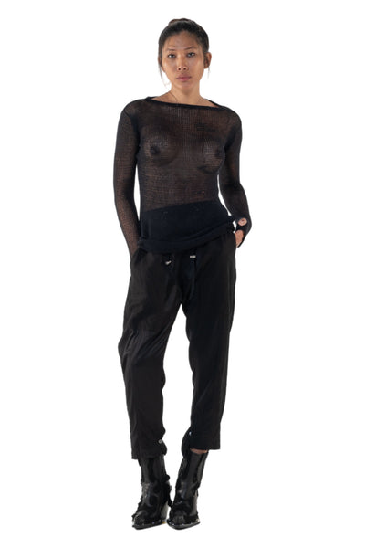 Shop Emerging Slow Fashion Genderless Alternative Avant-garde Designer Mark Baigent Annex Collection Fair Trade Signature Black Hand-knit Cotton Sheer Grid Top at Erebus