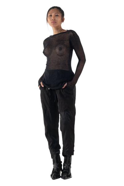 Shop Emerging Slow Fashion Genderless Alternative Avant-garde Designer Mark Baigent Annex Collection Fair Trade Signature Black Hand-knit Cotton Sheer Grid Top at Erebus