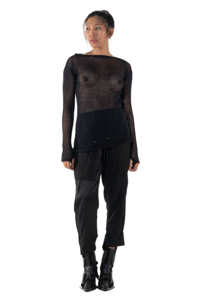 Shop Emerging Slow Fashion Genderless Alternative Avant-garde Designer Mark Baigent Annex Collection Fair Trade Signature Black Hand-knit Cotton Sheer Grid Top at Erebus