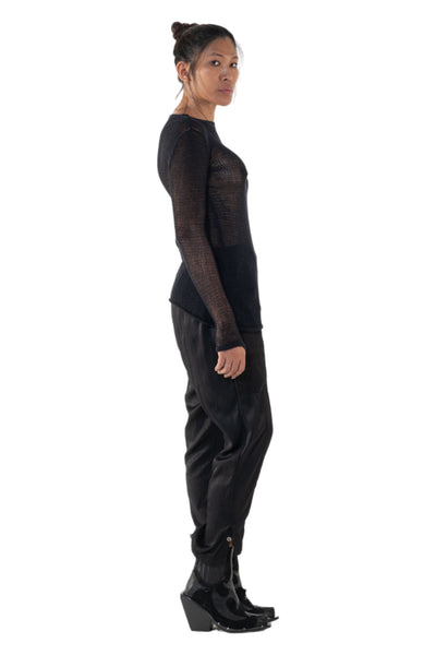 Shop Emerging Slow Fashion Genderless Alternative Avant-garde Designer Mark Baigent Annex Collection Fair Trade Signature Black Hand-knit Cotton Sheer Grid Top at Erebus