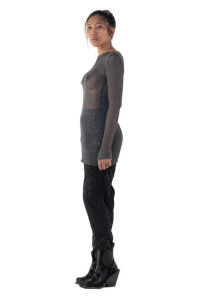 Shop Emerging Slow Fashion Genderless Alternative Avant-garde Designer Mark Baigent Annex Collection Fair Trade Signature Grey Hand-knit Cotton Sheer Grid Top at Erebus