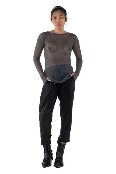 Shop Emerging Slow Fashion Genderless Alternative Avant-garde Designer Mark Baigent Annex Collection Fair Trade Signature Grey Hand-knit Cotton Sheer Grid Top at Erebus