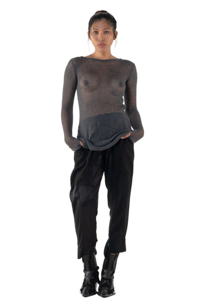 Shop Emerging Slow Fashion Genderless Alternative Avant-garde Designer Mark Baigent Annex Collection Fair Trade Signature Grey Hand-knit Cotton Sheer Grid Top at Erebus