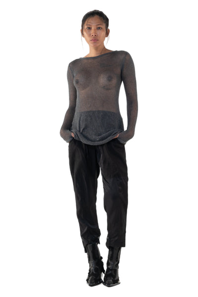 Shop Emerging Slow Fashion Genderless Alternative Avant-garde Designer Mark Baigent Annex Collection Fair Trade Signature Grey Hand-knit Cotton Sheer Grid Top at Erebus