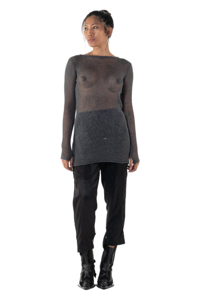 Shop Emerging Slow Fashion Genderless Alternative Avant-garde Designer Mark Baigent Annex Collection Fair Trade Signature Grey Hand-knit Cotton Sheer Grid Top at Erebus