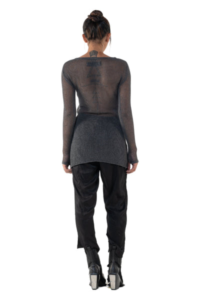 Shop Emerging Slow Fashion Genderless Alternative Avant-garde Designer Mark Baigent Annex Collection Fair Trade Signature Grey Hand-knit Cotton Sheer Grid Top at Erebus