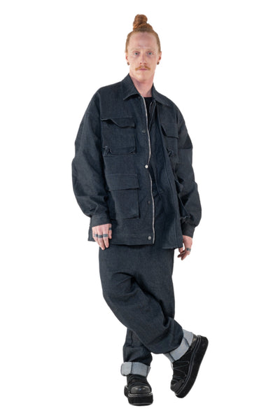 Shop Emerging Slow Fashion Genderless Alternative Avant-garde Designer Mark Baigent Annex Collection Fair Trade Anthracite Cotton Denim Gusshaus Oversized Denim Jacket at Erebus