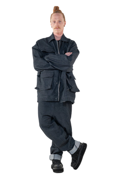 Shop Emerging Slow Fashion Genderless Alternative Avant-garde Designer Mark Baigent Annex Collection Fair Trade Anthracite Cotton Denim Gusshaus Oversized Denim Jacket at Erebus