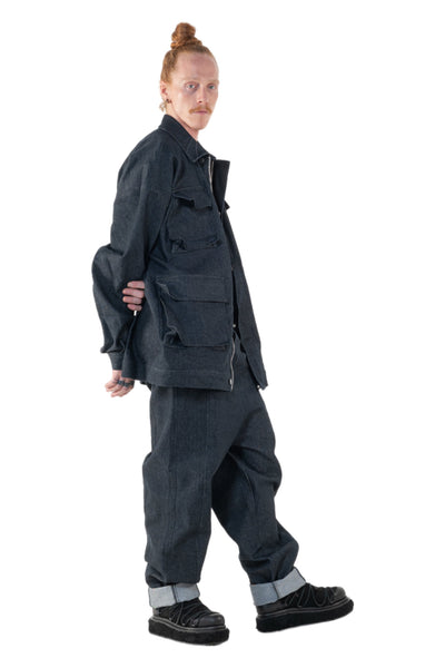 Shop Emerging Slow Fashion Genderless Alternative Avant-garde Designer Mark Baigent Annex Collection Fair Trade Anthracite Cotton Denim Gusshaus Oversized Denim Jacket at Erebus