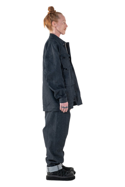 Shop Emerging Slow Fashion Genderless Alternative Avant-garde Designer Mark Baigent Annex Collection Fair Trade Anthracite Cotton Denim Gusshaus Oversized Denim Jacket at Erebus