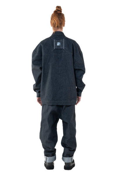 Shop Emerging Slow Fashion Genderless Alternative Avant-garde Designer Mark Baigent Annex Collection Fair Trade Anthracite Cotton Denim Gusshaus Oversized Denim Jacket at Erebus