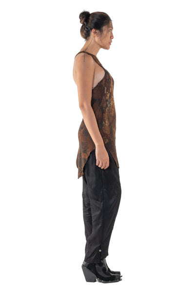 Shop Emerging Slow Fashion Genderless Alternative Avant-garde Designer Mark Baigent Annex Collection Fair Trade Signature Noda Brown Batik Ecovera Rayon Hallar Tank Top at Erebus