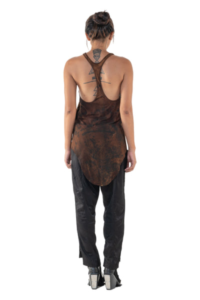 Shop Emerging Slow Fashion Genderless Alternative Avant-garde Designer Mark Baigent Annex Collection Fair Trade Signature Noda Brown Batik Ecovera Rayon Hallar Tank Top at Erebus