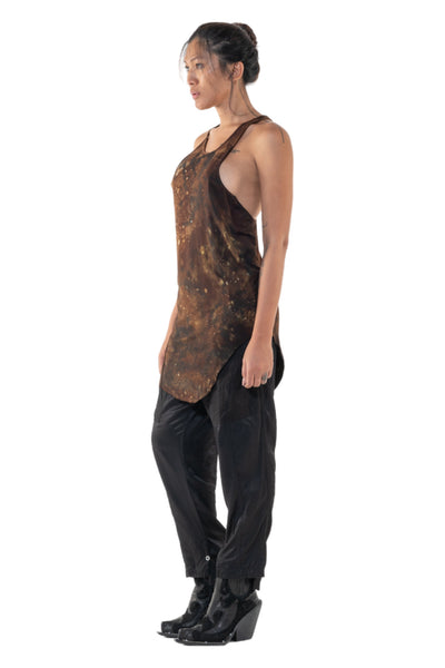 Shop Emerging Slow Fashion Genderless Alternative Avant-garde Designer Mark Baigent Annex Collection Fair Trade Signature Noda Brown Batik Ecovera Rayon Hallar Tank Top at Erebus