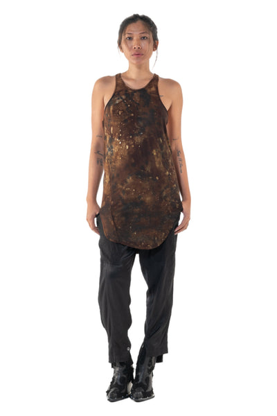 Shop Emerging Slow Fashion Genderless Alternative Avant-garde Designer Mark Baigent Annex Collection Fair Trade Signature Noda Brown Batik Ecovera Rayon Hallar Tank Top at Erebus