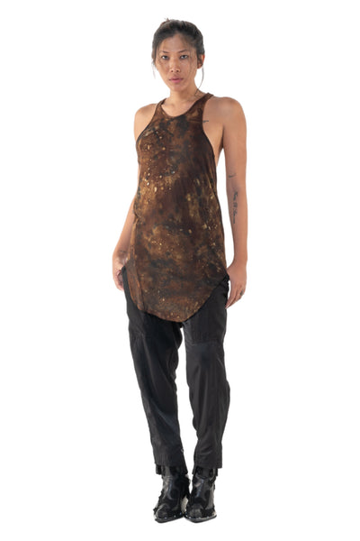 Shop Emerging Slow Fashion Genderless Alternative Avant-garde Designer Mark Baigent Annex Collection Fair Trade Signature Noda Brown Batik Ecovera Rayon Hallar Tank Top at Erebus