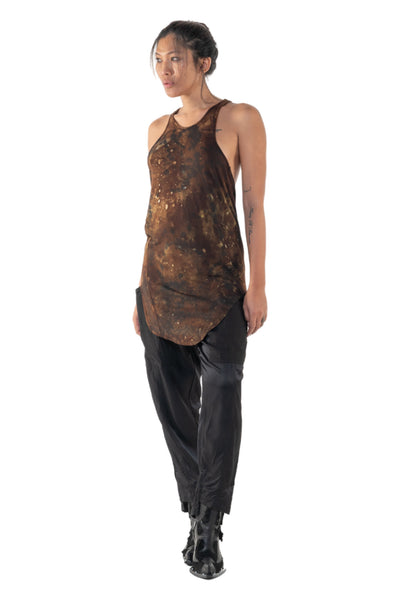 Shop Emerging Slow Fashion Genderless Alternative Avant-garde Designer Mark Baigent Annex Collection Fair Trade Signature Noda Brown Batik Ecovera Rayon Hallar Tank Top at Erebus