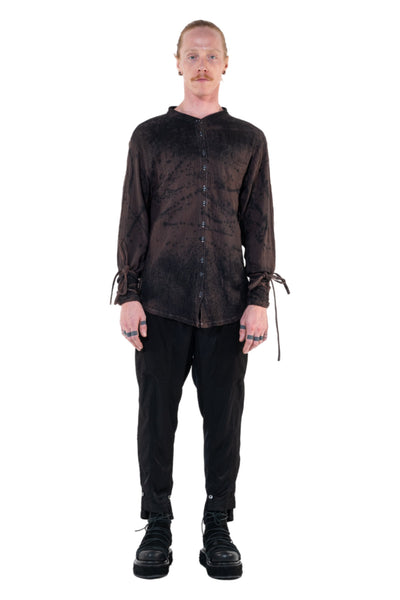 Shop Emerging Slow Fashion Genderless Alternative Avant-garde Designer Mark Baigent Annex Collection Fair Trade Signature Black and Noda Pink Batik Cotton Gauze Ines Shirt at Erebus