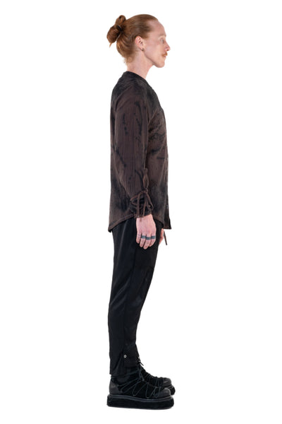 Shop Emerging Slow Fashion Genderless Alternative Avant-garde Designer Mark Baigent Annex Collection Fair Trade Signature Black and Noda Pink Batik Cotton Gauze Ines Shirt at Erebus