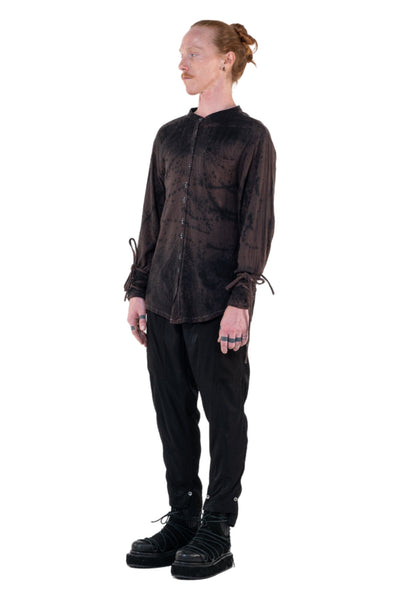 Shop Emerging Slow Fashion Genderless Alternative Avant-garde Designer Mark Baigent Annex Collection Fair Trade Signature Black and Noda Pink Batik Cotton Gauze Ines Shirt at Erebus