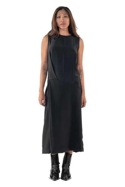 Shop Emerging Slow Fashion Genderless Alternative Avant-garde Designer Mark Baigent Annex Collection Fair Trade Black Silk Crepe de Chine Sleeveless Irla Dress at Erebus