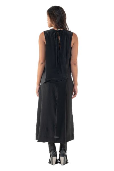 Shop Emerging Slow Fashion Genderless Alternative Avant-garde Designer Mark Baigent Annex Collection Fair Trade Black Silk Crepe de Chine Sleeveless Irla Dress at Erebus