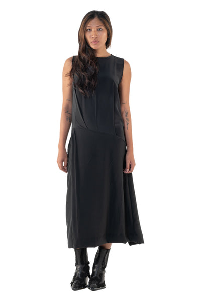 Shop Emerging Slow Fashion Genderless Alternative Avant-garde Designer Mark Baigent Annex Collection Fair Trade Black Silk Crepe de Chine Sleeveless Irla Dress at Erebus