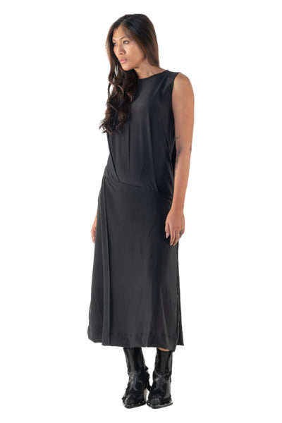 Shop Emerging Slow Fashion Genderless Alternative Avant-garde Designer Mark Baigent Annex Collection Fair Trade Black Silk Crepe de Chine Sleeveless Irla Dress at Erebus